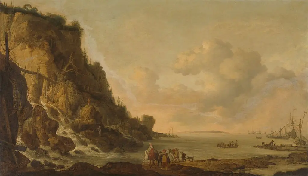 Rocky coast, by Simon de Vlieger, oil, 1650