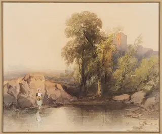 Pond and trees sunset, by Sophy Warren, watercolor, 1850
