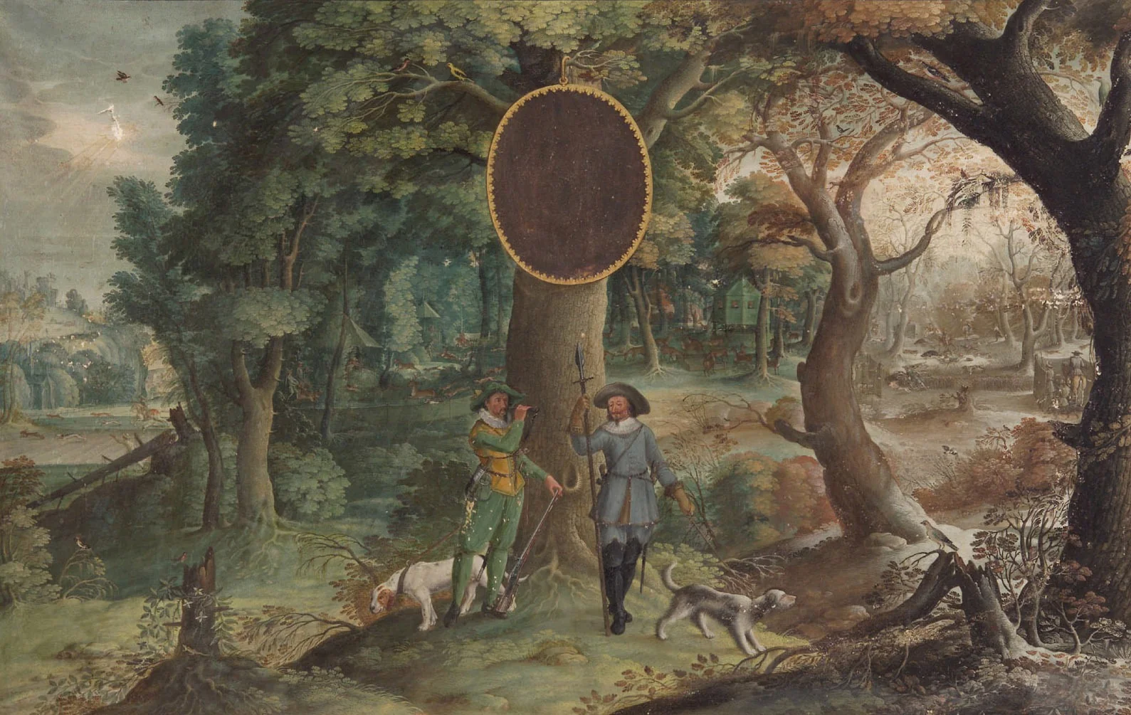 Jahreszeiten mit Jagddarstellungen: Herbst (Jäger mit Hasen- und Hirschjagd) und Winter (Jäger mit Saujagd), detail