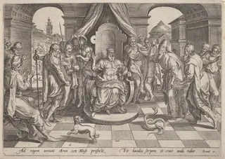 Moses and Aaron before the Pharaoh, by Johan Wierix, ink, 1585