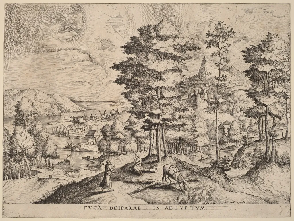Fuga Deiparae in Aegyptum (The Flight into Egypt), by Johannes van Doetechum the Elder, ink, 1556