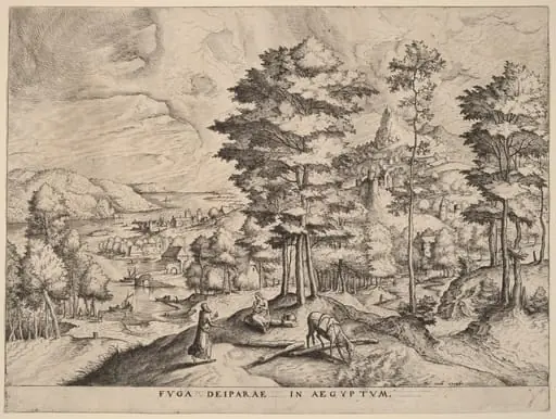 Fuga Deiparae in Aegyptum (The Flight into Egypt), by Johannes van Doetechum the Elder, ink, 1556