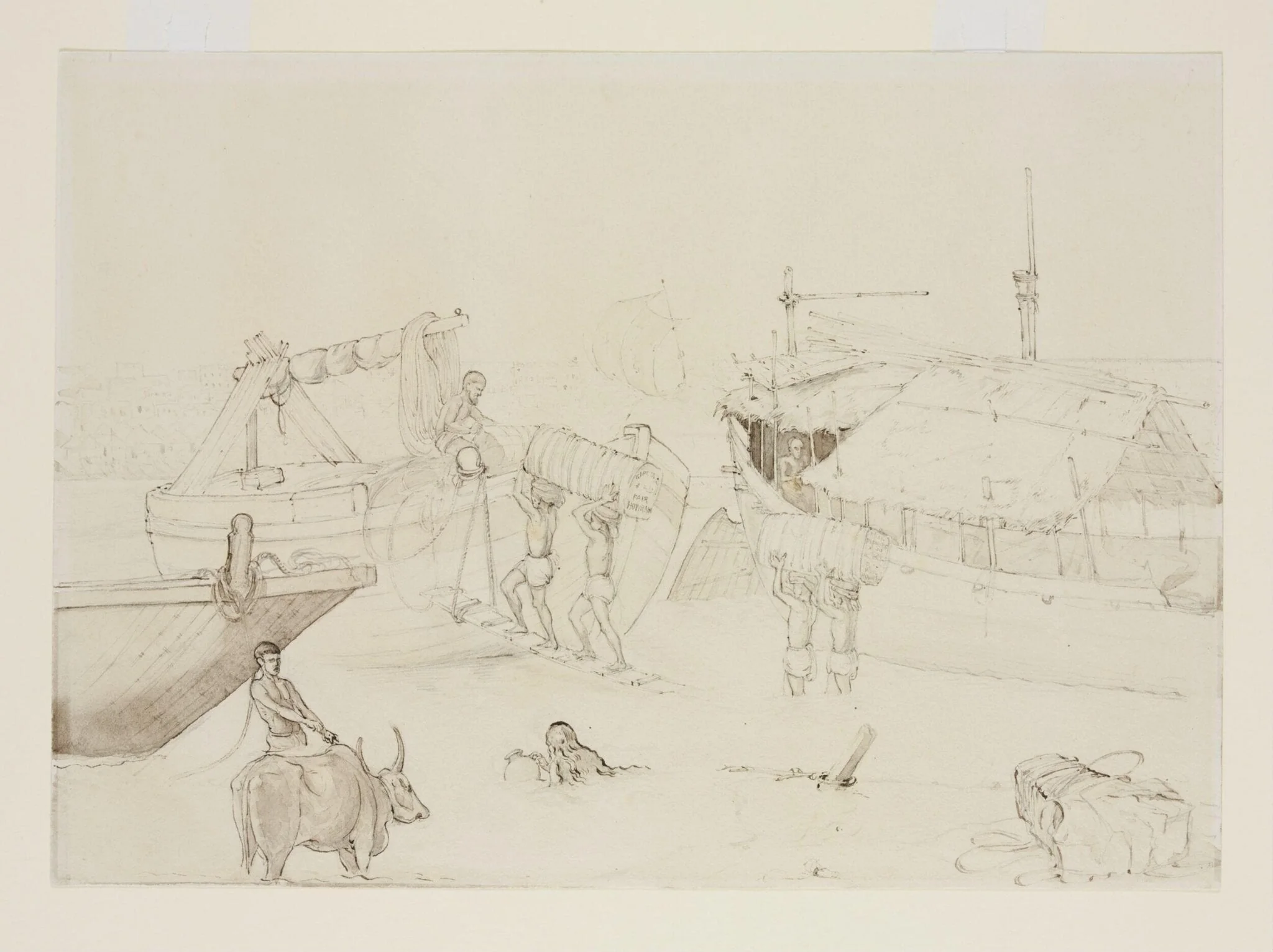 Loading cotton onto boats, detail