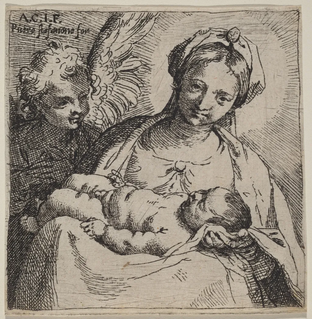 Madonna and Child with an Angel, by Annibale Carracci, ink, 1592