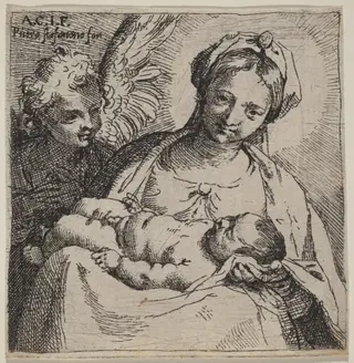 Madonna and Child with an Angel, by Annibale Carracci, ink, 1592