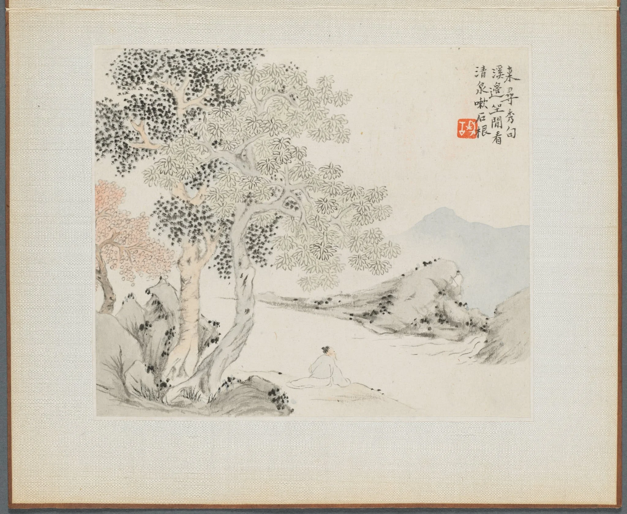 Album of Landscape Paintings Illustrating Old Poems: Three Big Trees, a Stream with an Old Man Sitting on the Bank, detail
