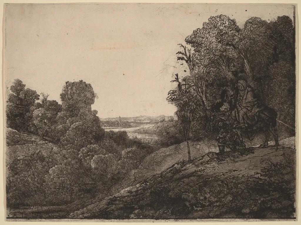 The Flight into Egypt: Altered from Seghers, by Rembrandt, ink, 1653