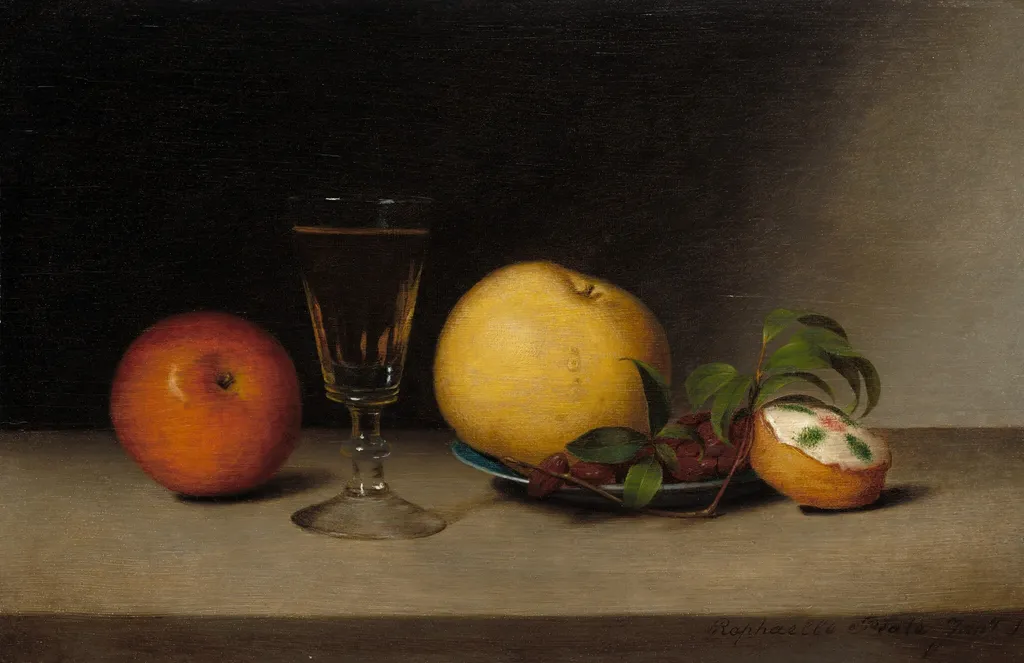 Still Life with Apples, Sherry, and Tea Cake, by Raphaelle Peale, oil, 1822