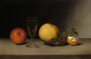 Still Life with Apples, Sherry, and Tea Cake, by Raphaelle Peale, oil, 1822