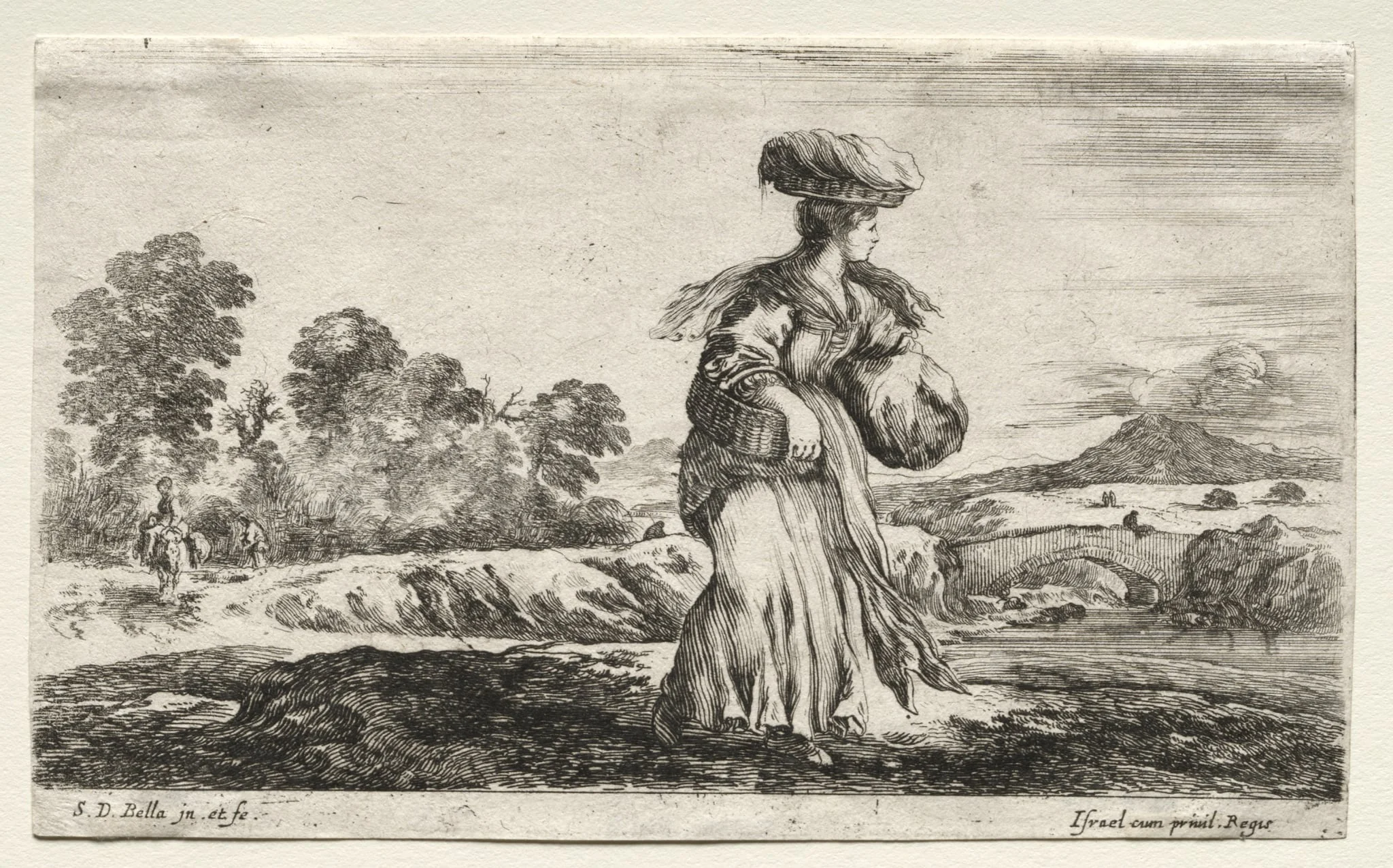 Various Figures and Landscapes: Peasant Woman Carrying a Basket on her Head, detail
