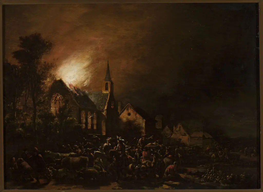 Church on fire, by Egbert van der Poel