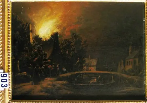 Colibă țăranească arzând noaptea, by Egbert van der Poel