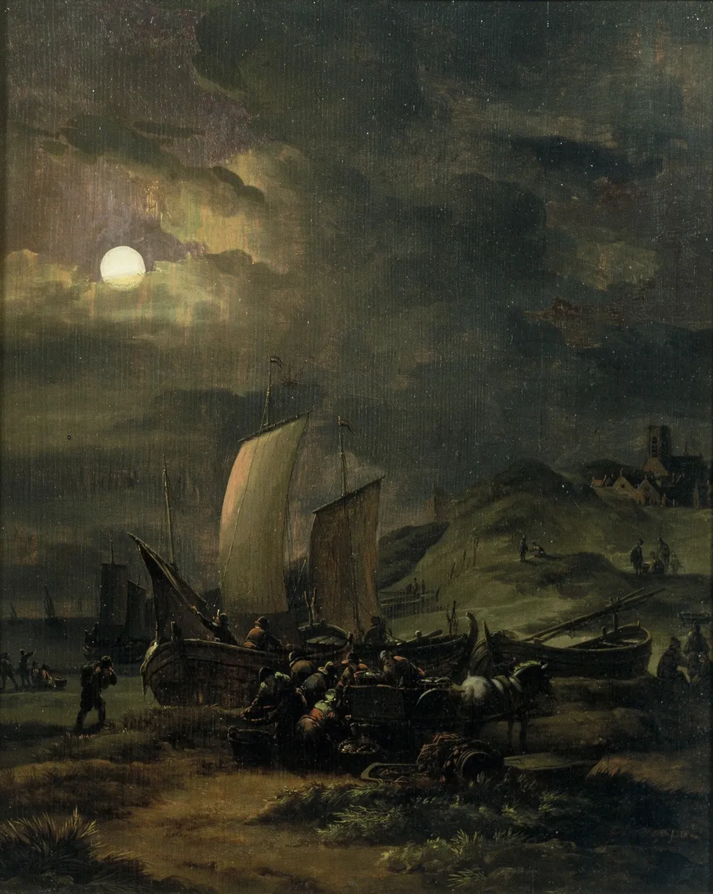 Fishing Boats on the Beach at Night, by Egbert van der Poel, oil, 1650