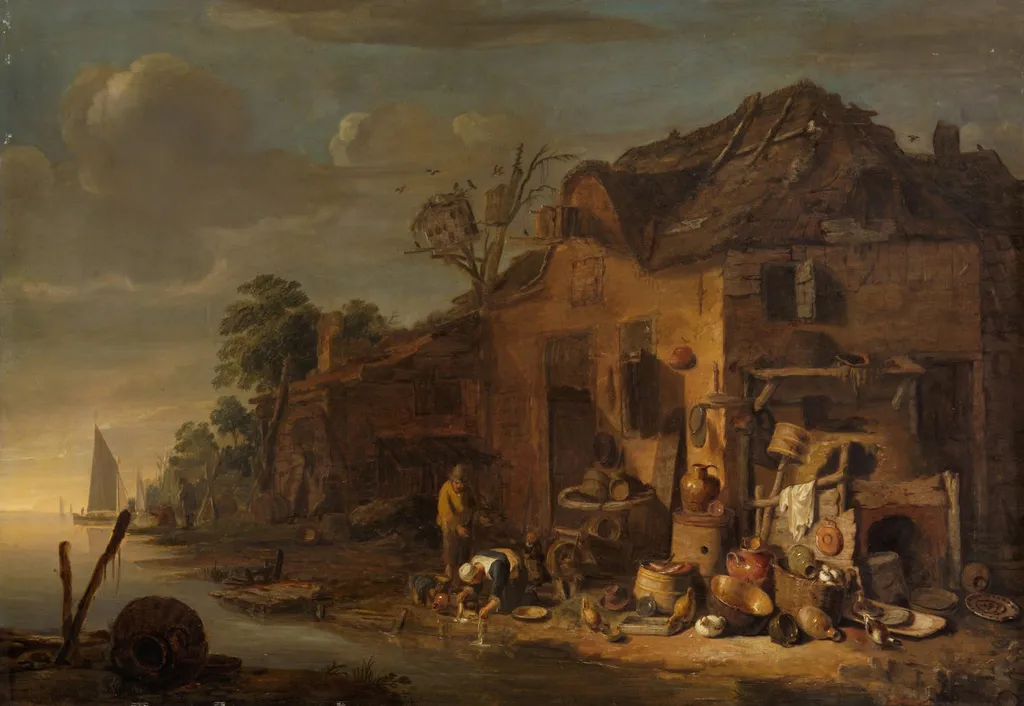 Landscape with farm at a river, by Egbert van der Poel, oil, 1647