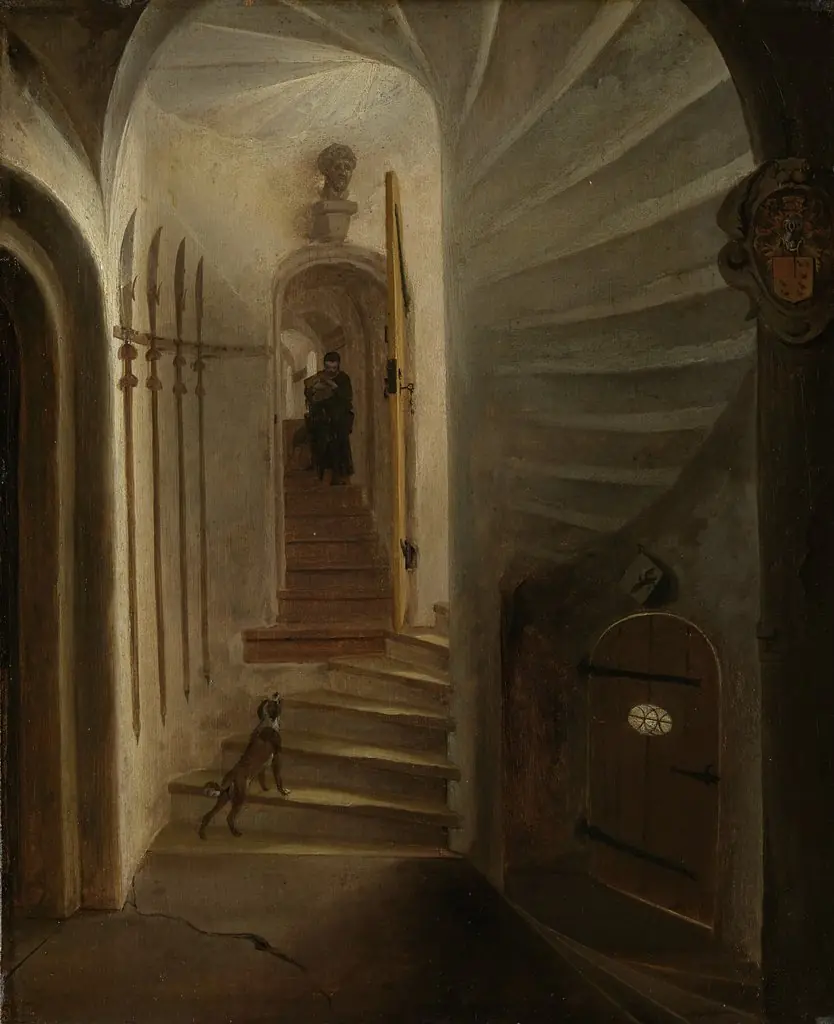 Portal of a stairway tower, with a man descending the stairs: presumably the moment before the assassination of William the Silent in the Ptinsenhof, Delft, by Egbert van der Poel