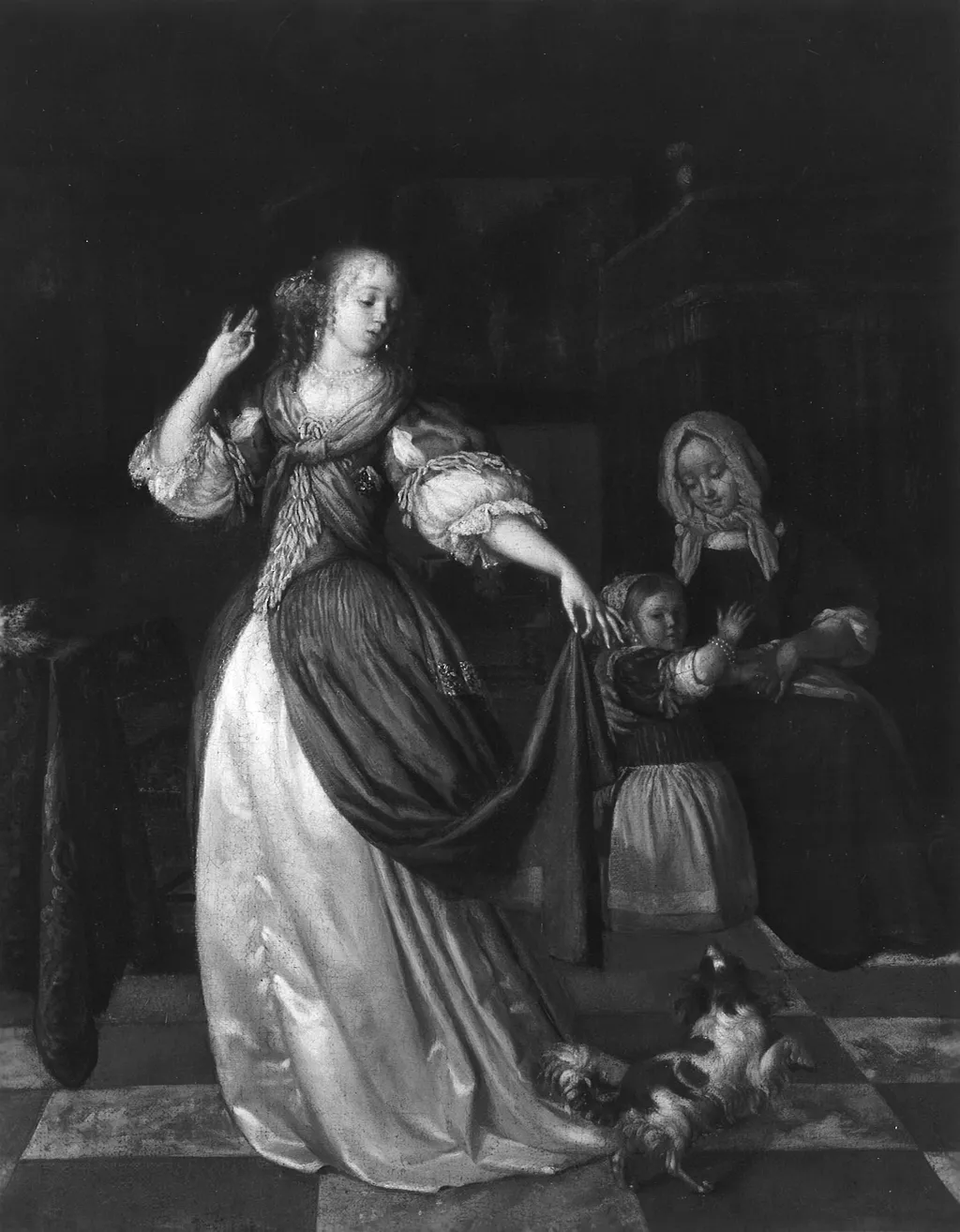 Lady Playing with a Dog, by Eglon van der Neer, oil, 1670