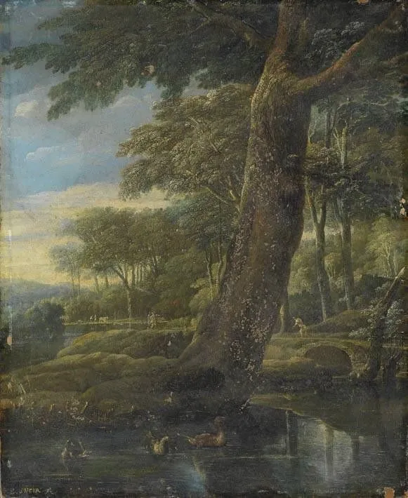 Landscape with river, by Eglon van der Neer, oil, 1700