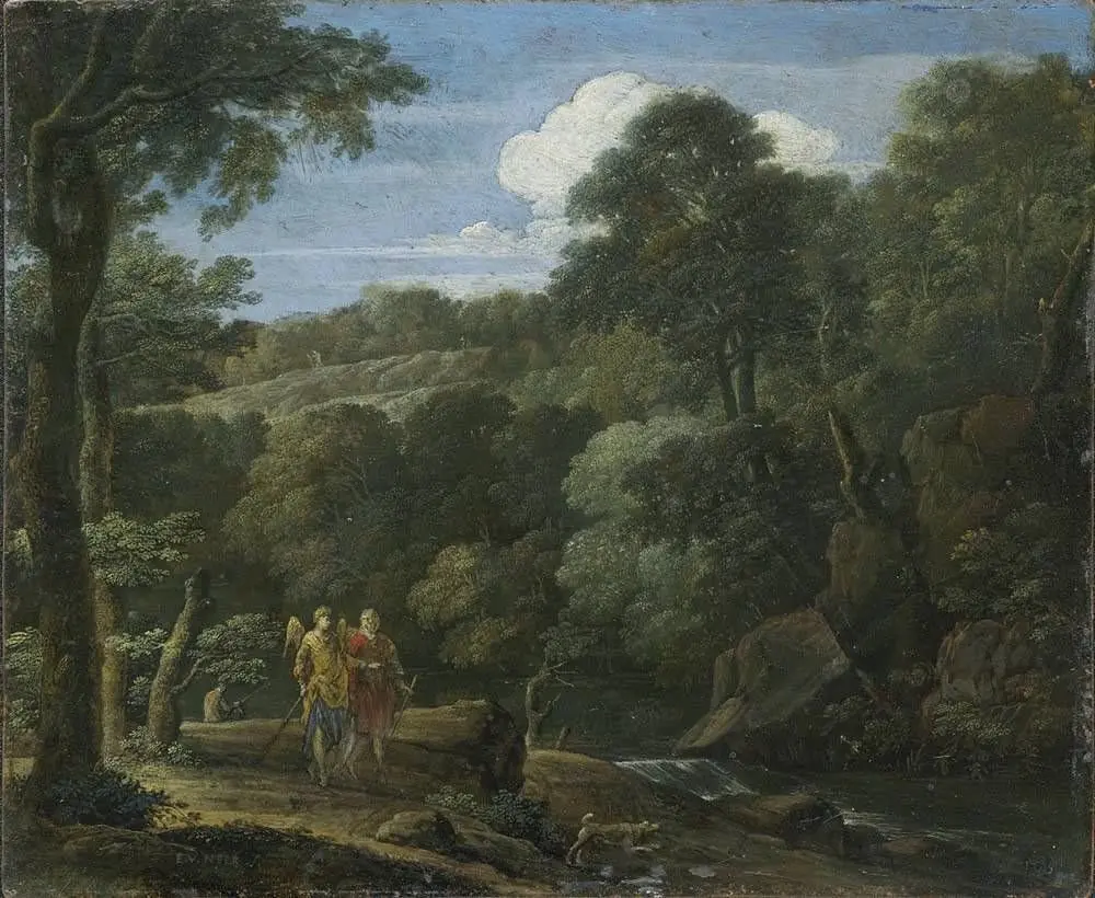 Tobias and the angel in a landscape, by Eglon van der Neer