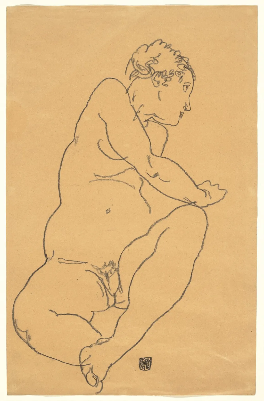 Female Nude Bending to the Left, by Egon Schiele, chalk, 1918