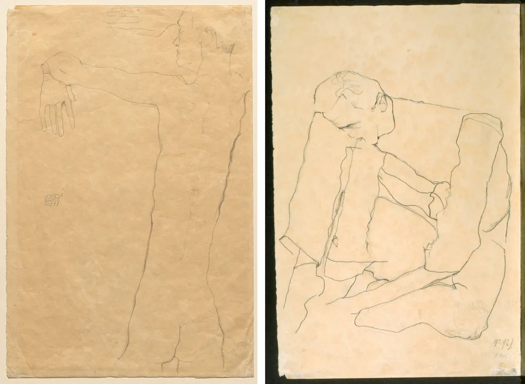 Nude Man with Raised Arms (recto) Seated Man (verso), by Egon Schiele, 1911