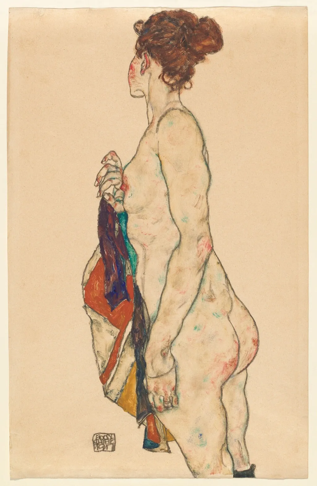 Standing Nude with a Patterned Robe, by Egon Schiele, gouache, 1917