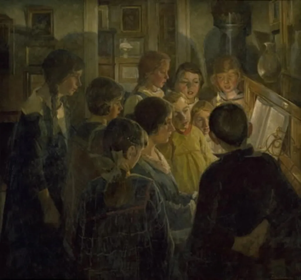 Syngende børn ved et klaver, by Eiler Sørensen, oil, 1923