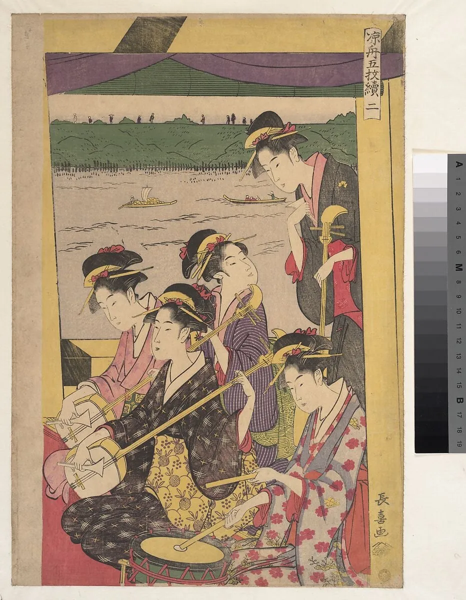 Suzumibune gomai-e; Ni|A Party of Geisha in a Suzumi-bune, i.e. "cooling-off boat." (Second Scene of a Boating Party), by Eishōsai Chōki, ink