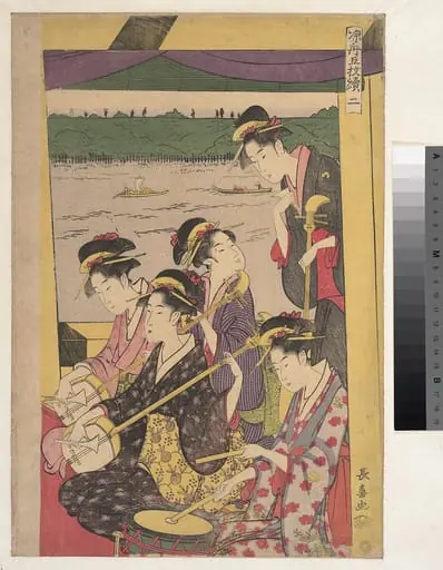 Suzumibune gomai-e; Ni|A Party of Geisha in a Suzumi-bune, i.e. "cooling-off boat." (Second Scene of a Boating Party), by Eishōsai Chōki