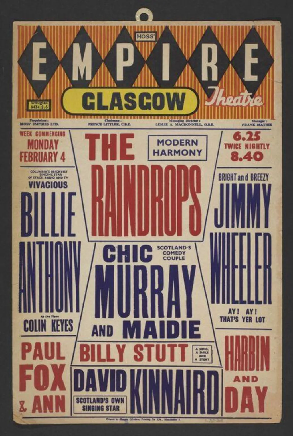 Hanging card advertising the programme for the Empire Theatre, Glasgow, for the week commencing on Monday 4 February, 1963, by Electric Modern Printing Co. Ltd, 1963