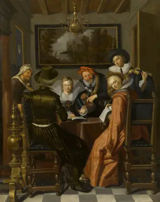 Elegant company playing music and singing in an interior