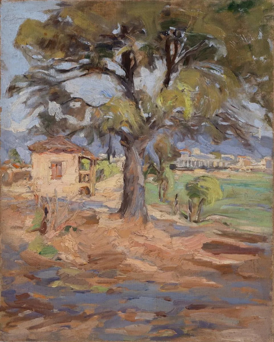 Landscape, tree and houses, by Eleni Mania-Kolokotroni, unspecified, 1935