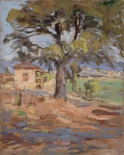 Landscape, tree and houses, by Eleni Mania-Kolokotroni