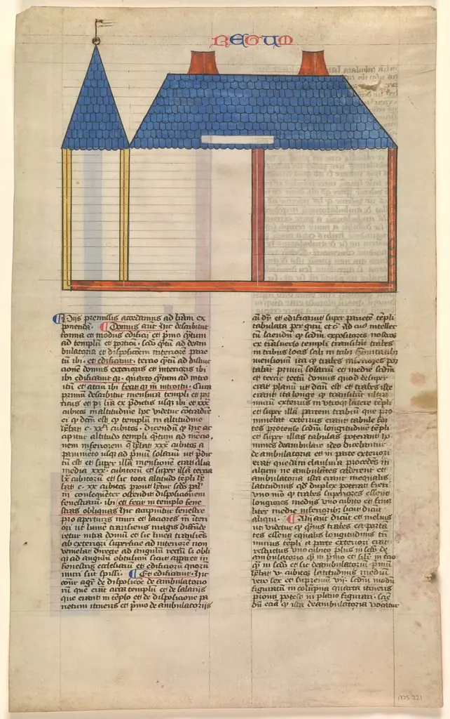 Elevation of Solomon's Temple, one of six illustrated leaves from the Postilla Litteralis (Literal Commentary) of Nicholas of Lyra