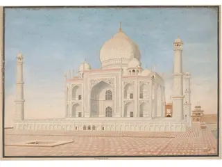 Elevation of the east side of the Taj Mahal, Agra, with part of the surrounding tiled terrace and water-tank in the foreground.