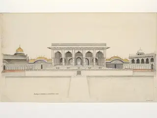 Elevation of the facade of the Khas Mahal, private apartments, Agra Fort, with the adjoining golden pavilions