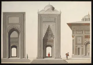 Elevations of two mosque portals, and part of the Hekimoglu Ali Pasha Fountain at Kabatas