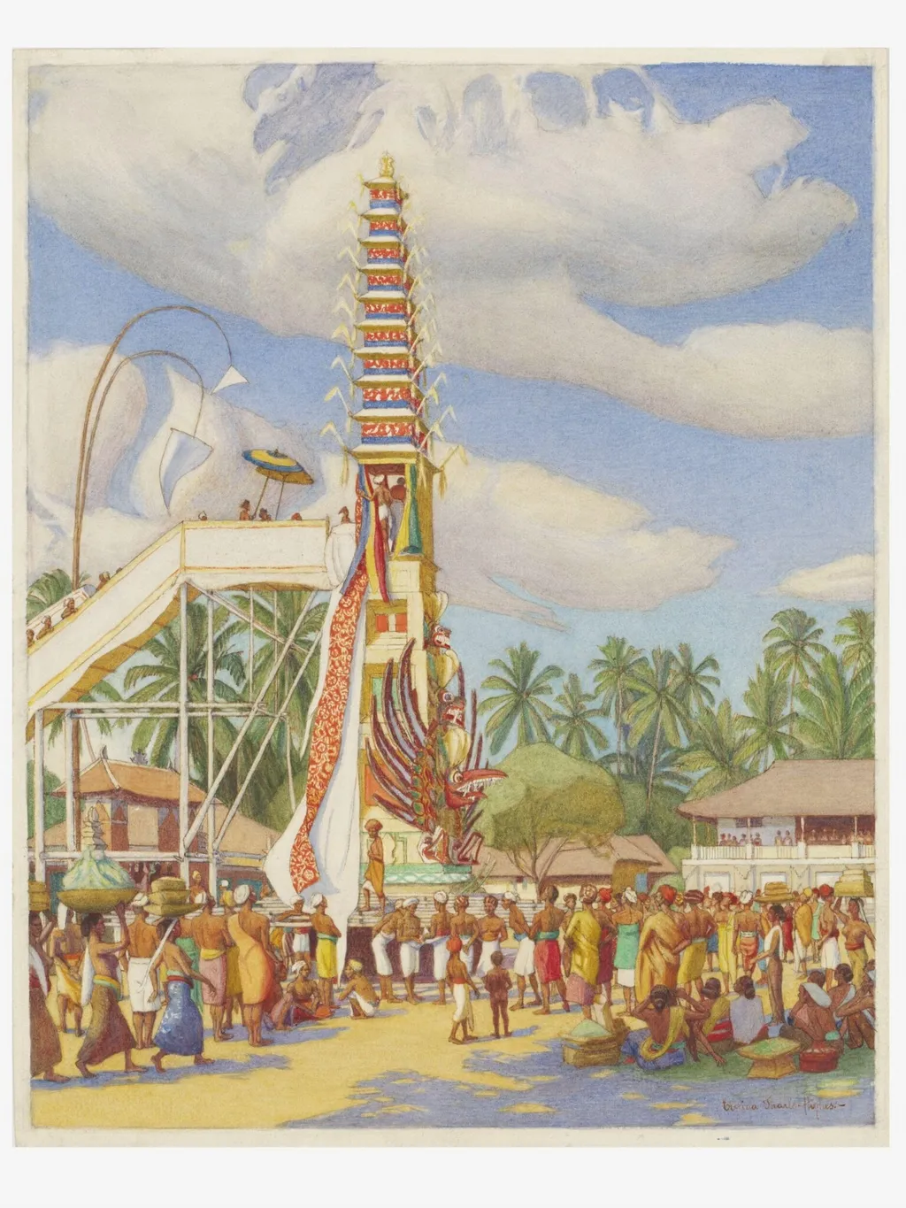 Bringing the bodies of the prince and princess to the funeral tower, by Elfrida Tharle-Hughes, paint, 1923