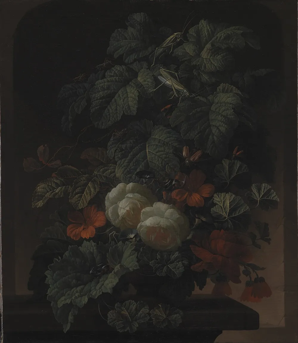 A Bowl of Flowers, by Elias van den Broeck, oil, 1696