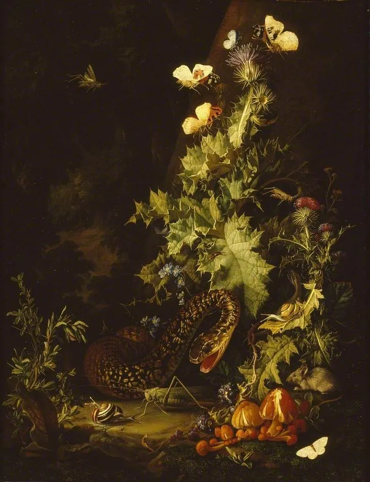 Still Life with a Snake, by Elias van den Broeck, oil, 1690