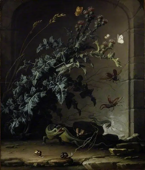 Stone niche with thistle, lizard and insects, by Elias van den Broeck