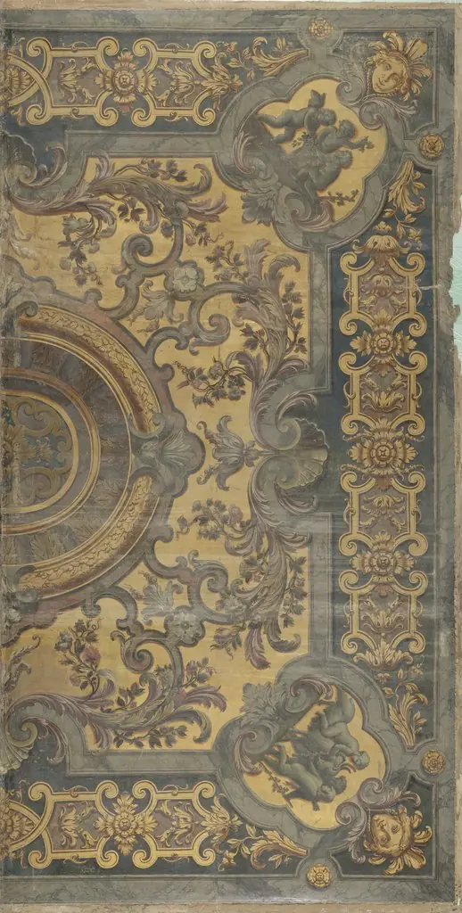 Ornamentale plafondschildering met in de hoeken voorstellingen van putti, by Elias van Nijmegen