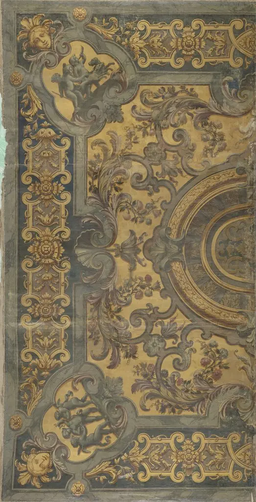 Ornamentale plafondschildering met in de hoeken voorstellingen van putti, by Elias van Nijmegen