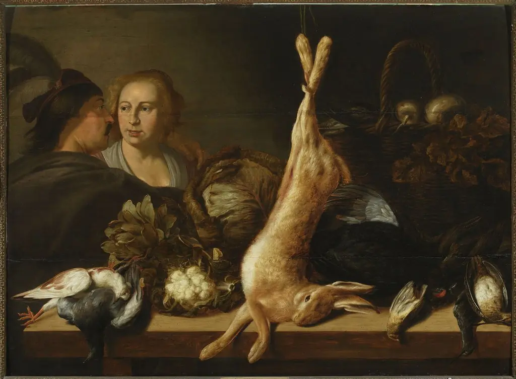 Stand with vegetables and a hare, by Elias Vonck