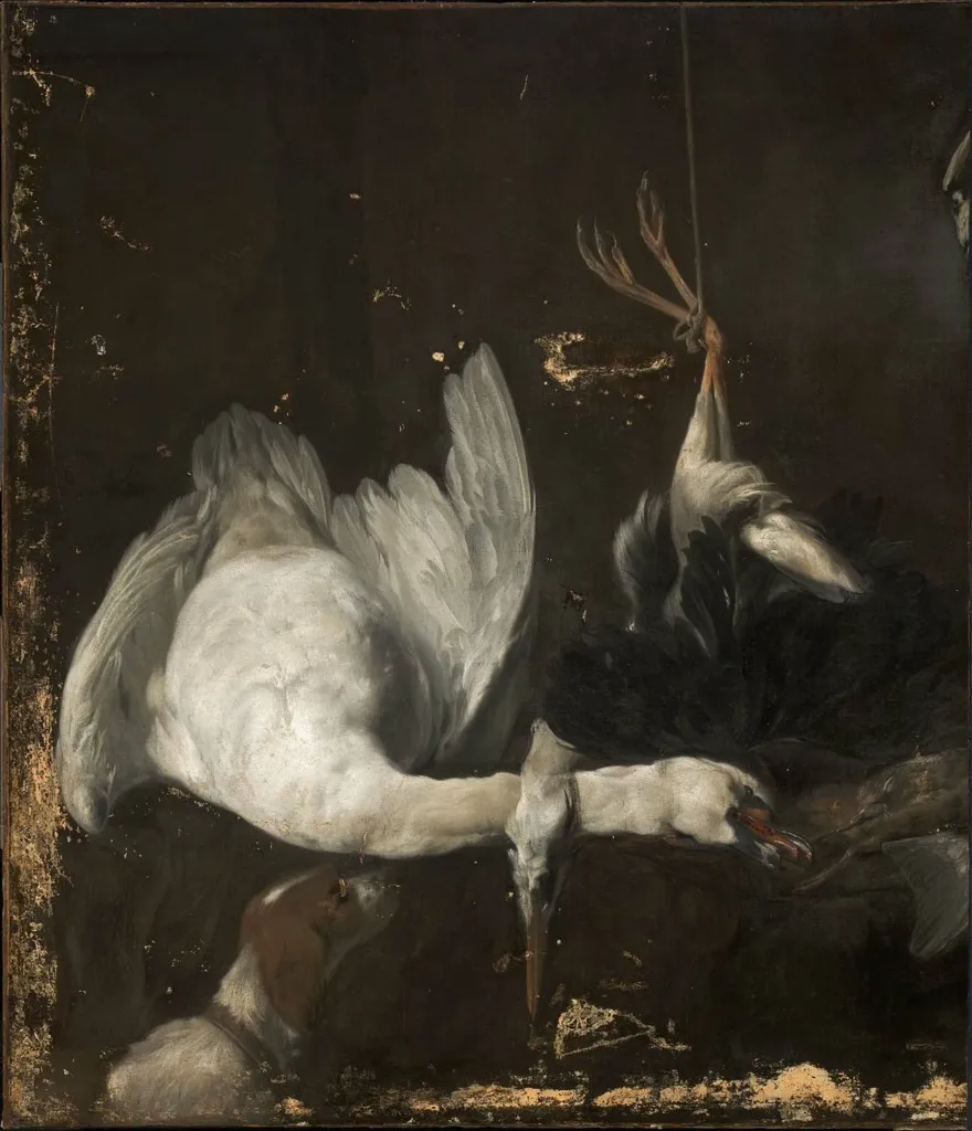 Still Life with Dead Heron and Swan, by Elias Vonck, oil, 1638