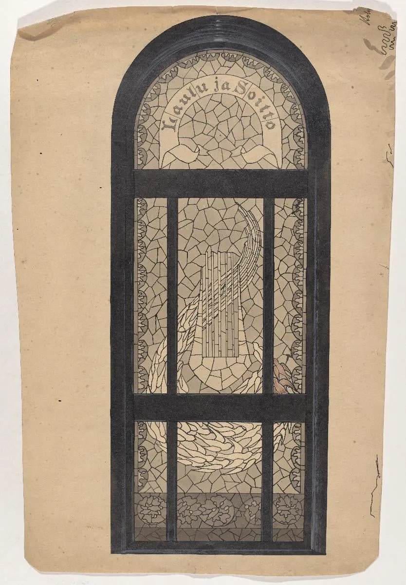 lasimaalausluonnos pyörökaari-ikkunaan, Laulu ja Soitto, by Eliel Saarinen, 1921