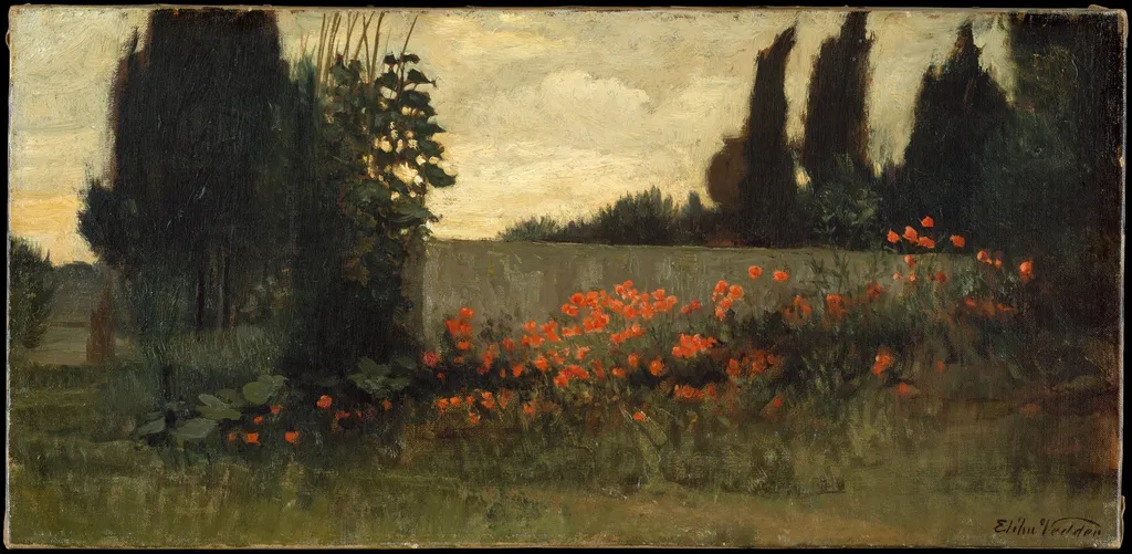 Cypress and Poppies, by Elihu Vedder, oil, 1890