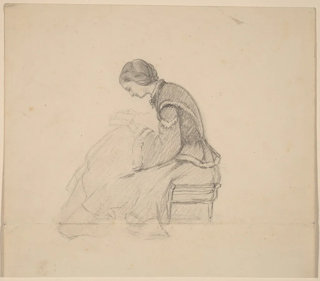Study of a Girl Reading, by Elihu Vedder, graphite, 1858