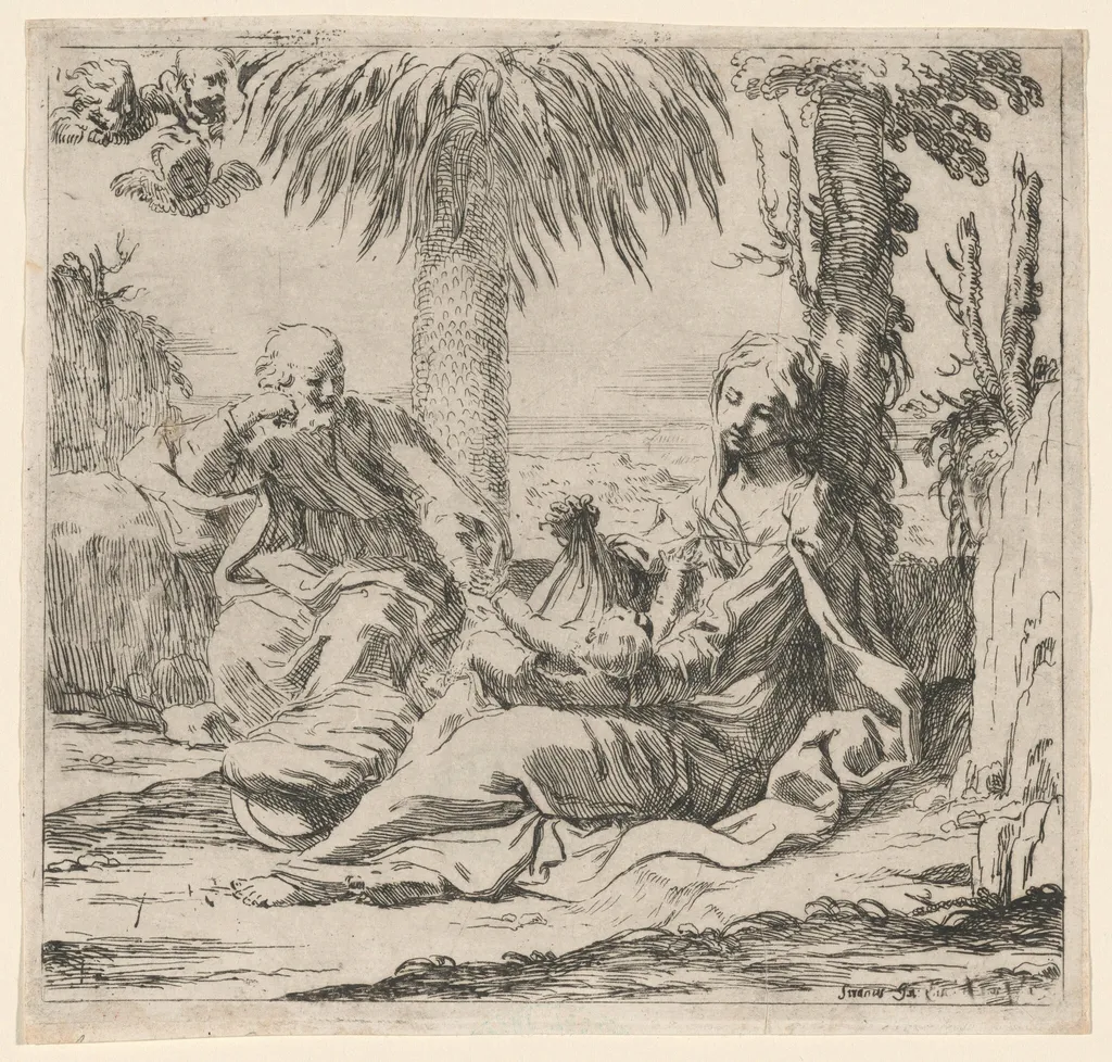 Rest on the Flight into Egypt, by Elisabetta Sirani, ink, 1660