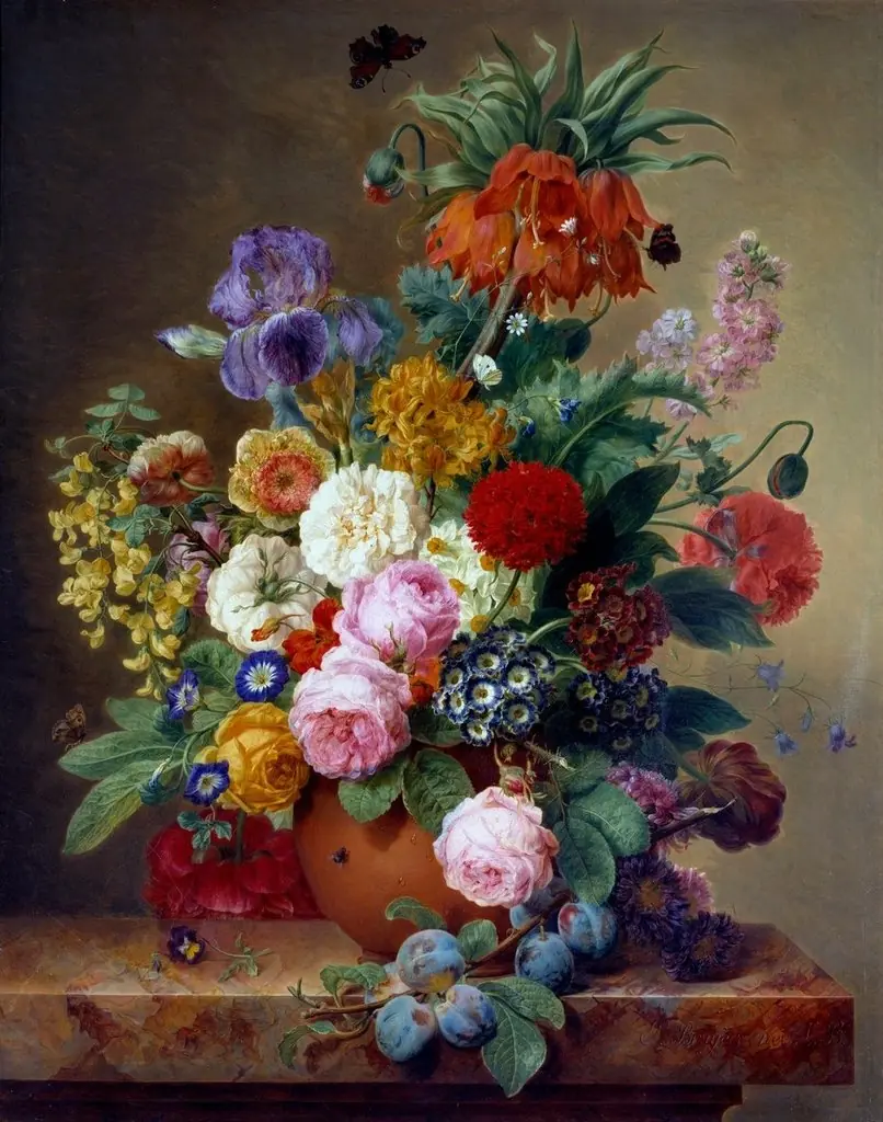 Fleurs dans un vase et branche de prunier sur une tablette de marbre, by Élise Bruyère