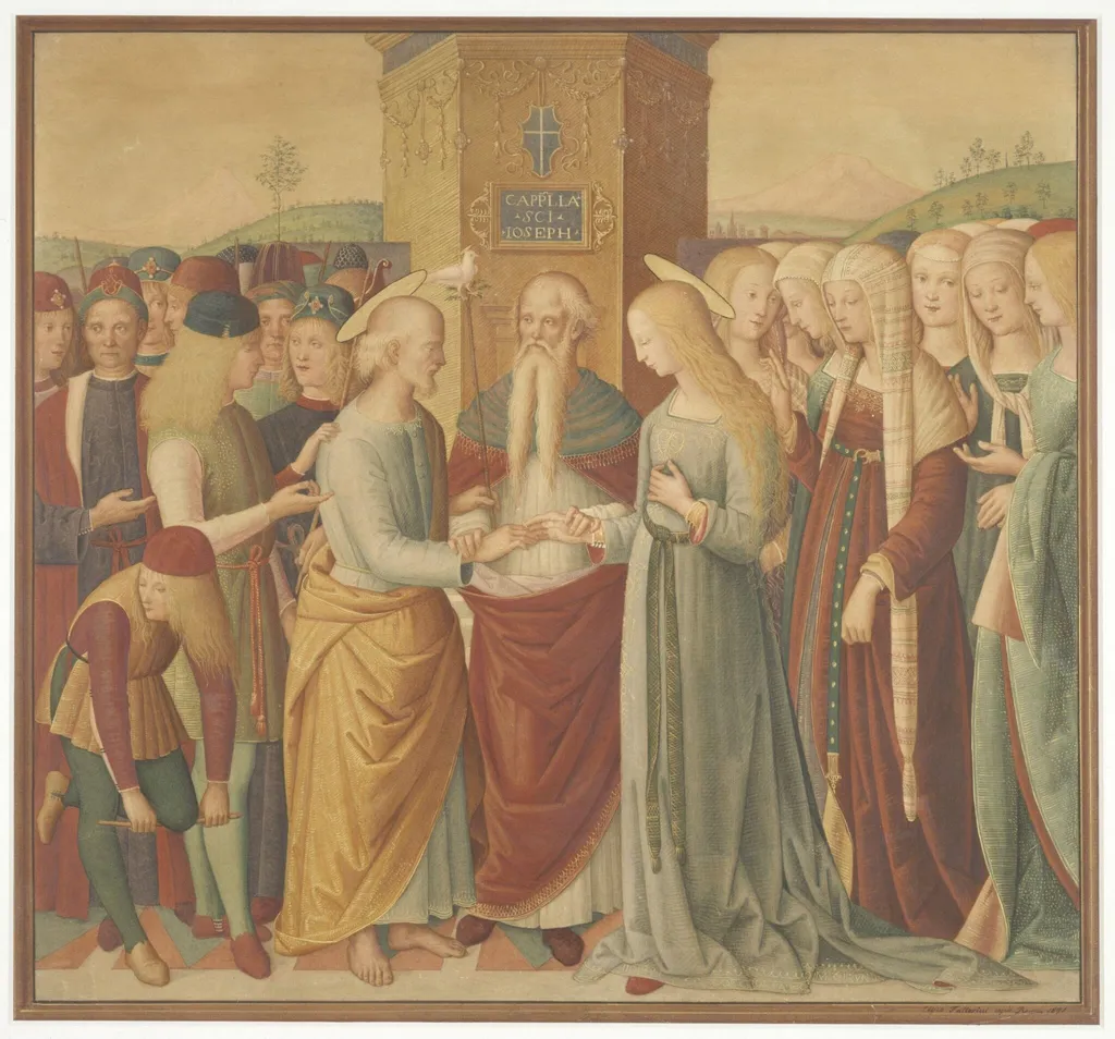 Copy after the painting Marriage of the Virgin by Perugino in S. Girolamo, Spello., by Eliseo Fattorini, watercolor, 1871